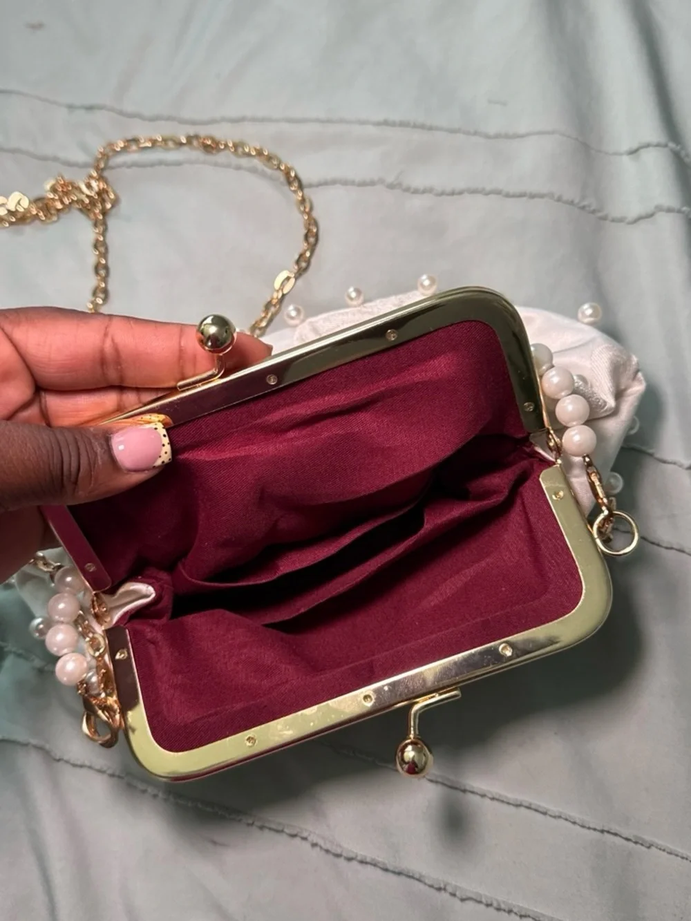 Pearl-Embellished Pink Satin Evening Clutch with Gold Chain